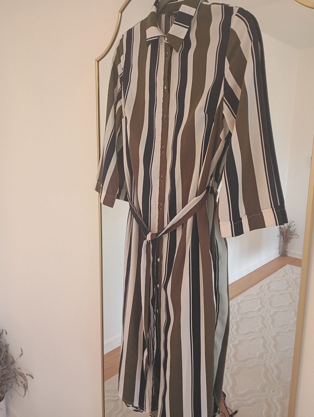 Striped Button-Front Shirt Dress in Olive and White